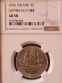 5 zł Żaglowiec 1936 r NGC AU 58