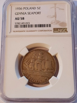 5 zł Żaglowiec 1936 rok stan NGC AU 58