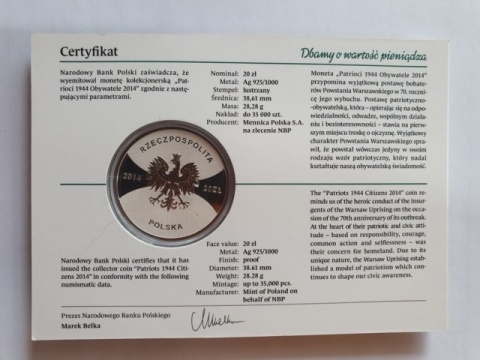 20 zł Patrioci 1944 Obywatele 2014 r