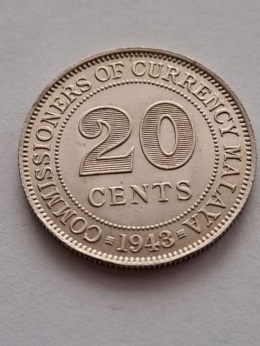 Malaje 20 centów Jerzy VI 1943 r