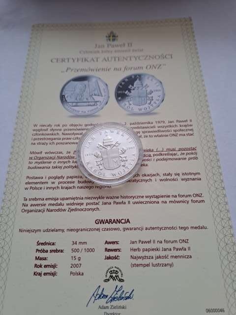 Numizmat Jan Paweł II Przemówienie w ONZ 2007 r
