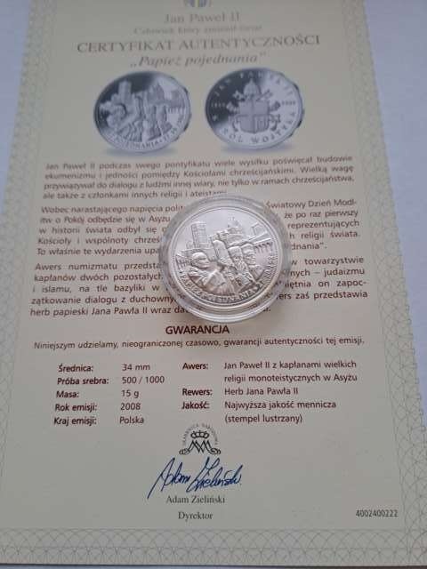 Numizmat Jan Paweł II Papież pojednania 2008 r