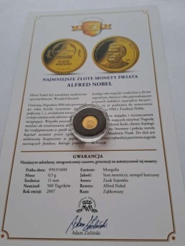 Mongolia 500 tugrików Alferd Nobel 2007 r