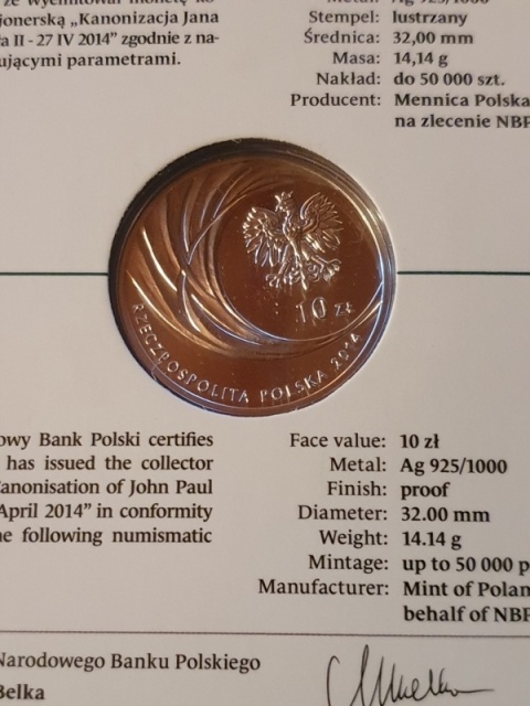10 zł Jan Paweł II Kanonizacja 2014 r
