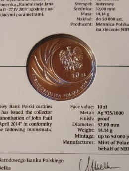 10 zł Jan Paweł II Kanonizacja 2014 r