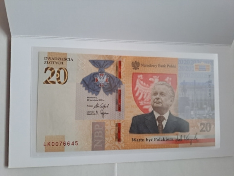 Banknot 20 zł Lech Kaczyński 2021 r nr 0076645 stan UNC