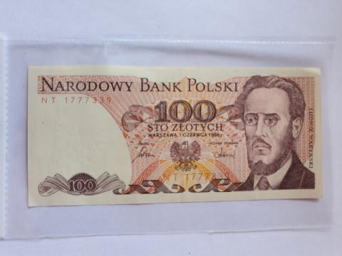 Banknot 100 zł Ludwik Waryński 1986 r seria NT