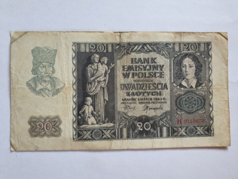 Banknot 20 zł 1940 r seria H