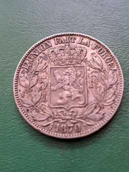 Belgia 5 Franków Leopold II 1870 r