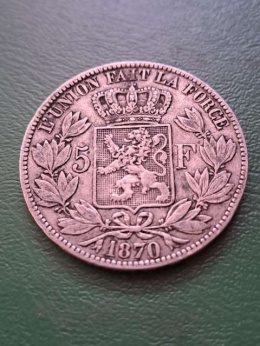 Belgia 5 Franków Leopold II 1870 r