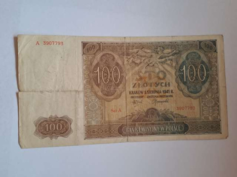 Banknot 100 zł 1941 r seria A
