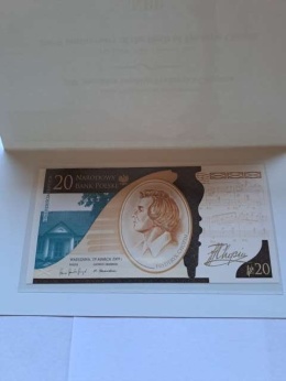 Banknot 20 zł Fryderyk Chopin 2009 r stan UNC
